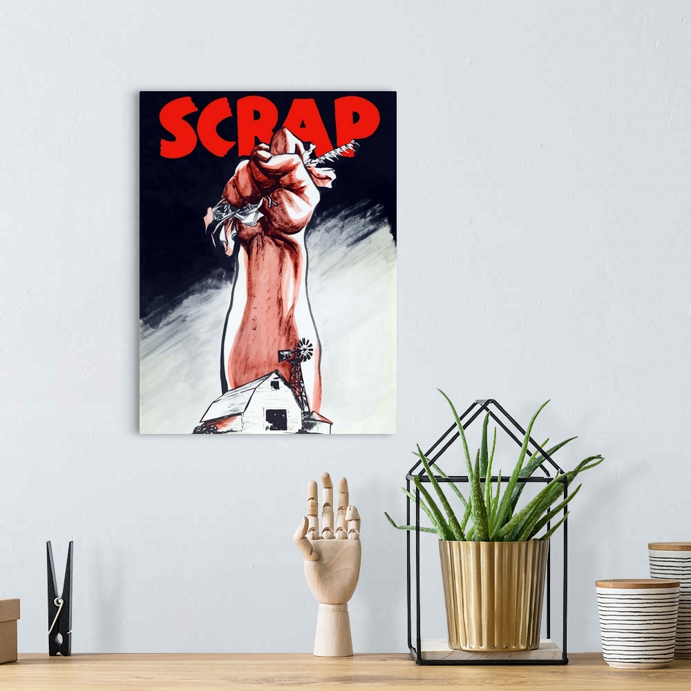 A bohemian room featuring Vintage World War II poster of an arm emerging from a farm holding scrap metal. It reads, Scrap.