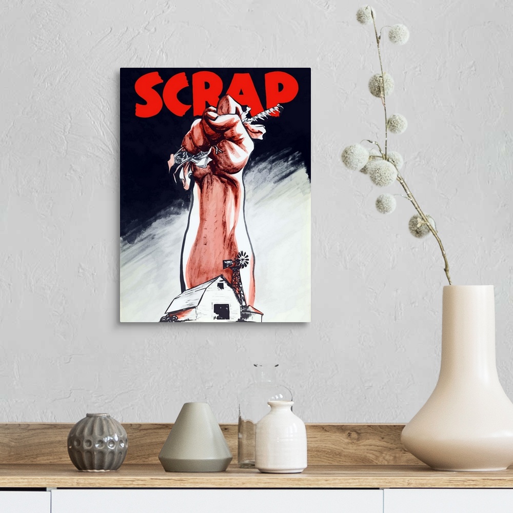 A farmhouse room featuring Vintage World War II poster of an arm emerging from a farm holding scrap metal. It reads, Scrap.