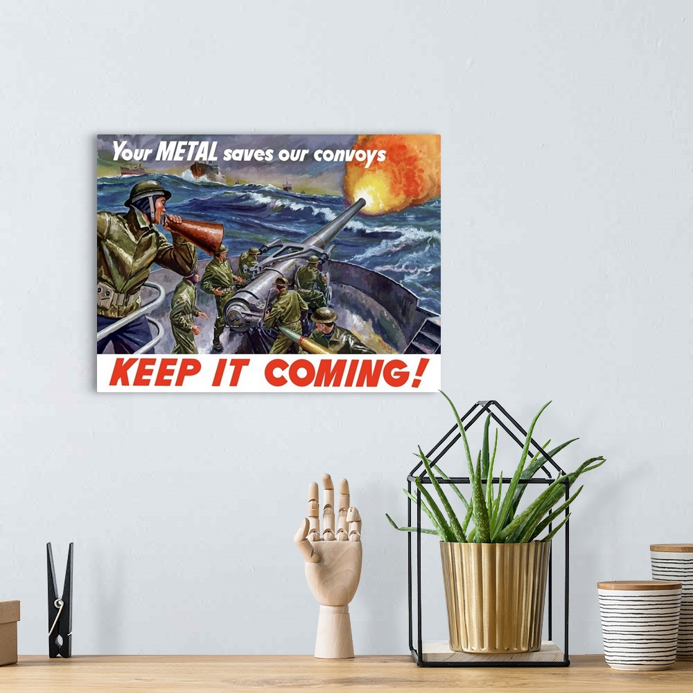 A bohemian room featuring Vintage World War II poster of ships at sea, firing artillery rounds into the distance. It declar...