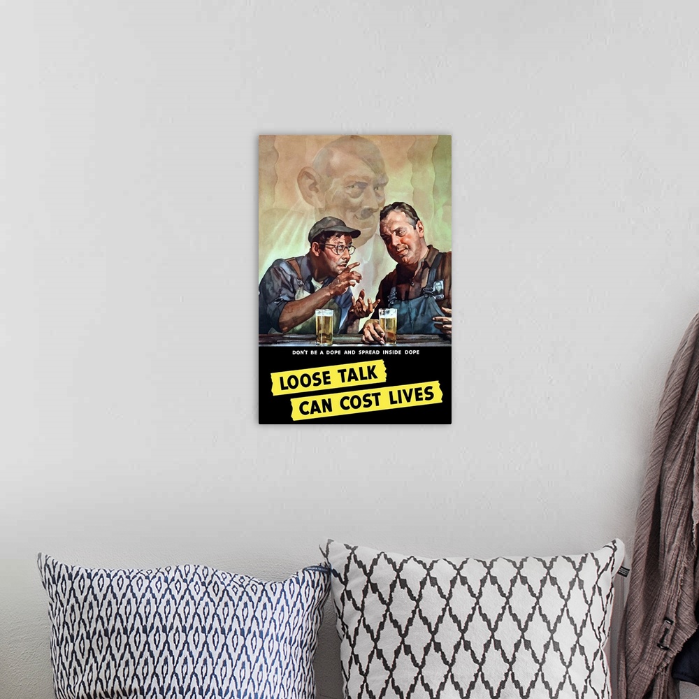 A bohemian room featuring Vintage World War II poster of two men talking, while having a beer, as Adolf Hitler eavesdrops i...