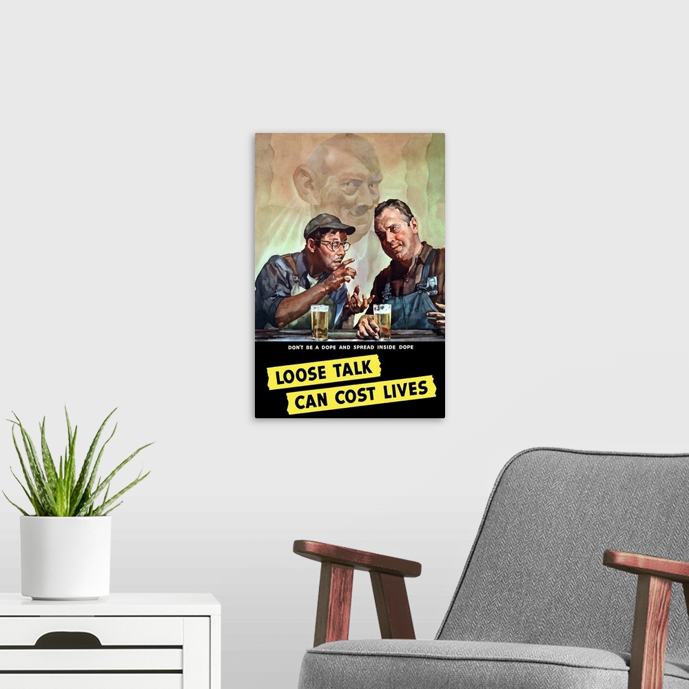 A modern room featuring Vintage World War II poster of two men talking, while having a beer, as Adolf Hitler eavesdrops i...
