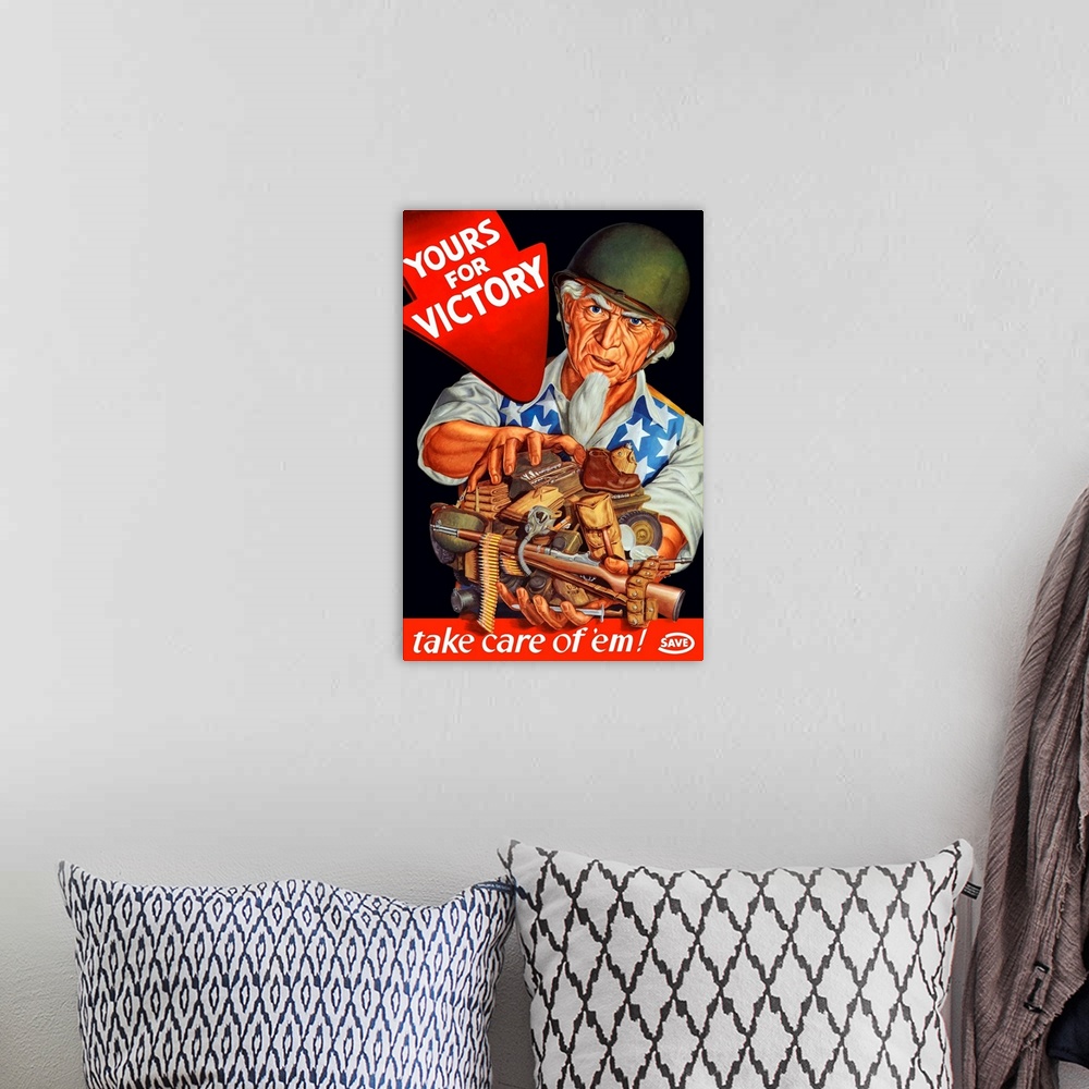 A bohemian room featuring Vintage World War II poster of Uncle Sam wearing a helmet and holding rifles, ammo, and other mil...