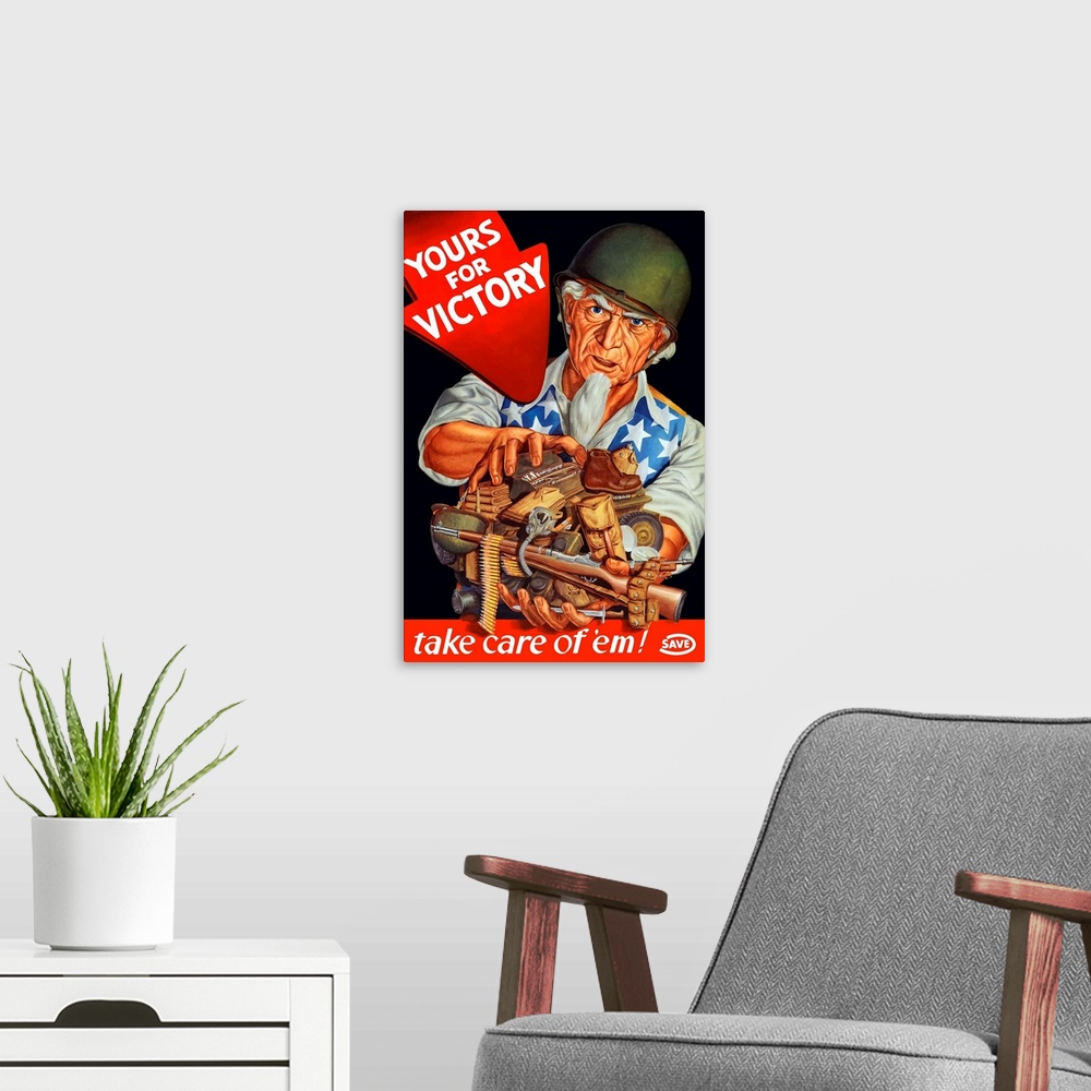 A modern room featuring Vintage World War II poster of Uncle Sam wearing a helmet and holding rifles, ammo, and other mil...