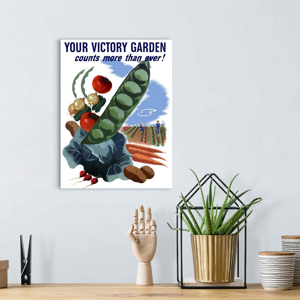 A bohemian room featuring Vintage World War II poster of giant peas, cabbage, carrots, onions, and other vegetables. It als...