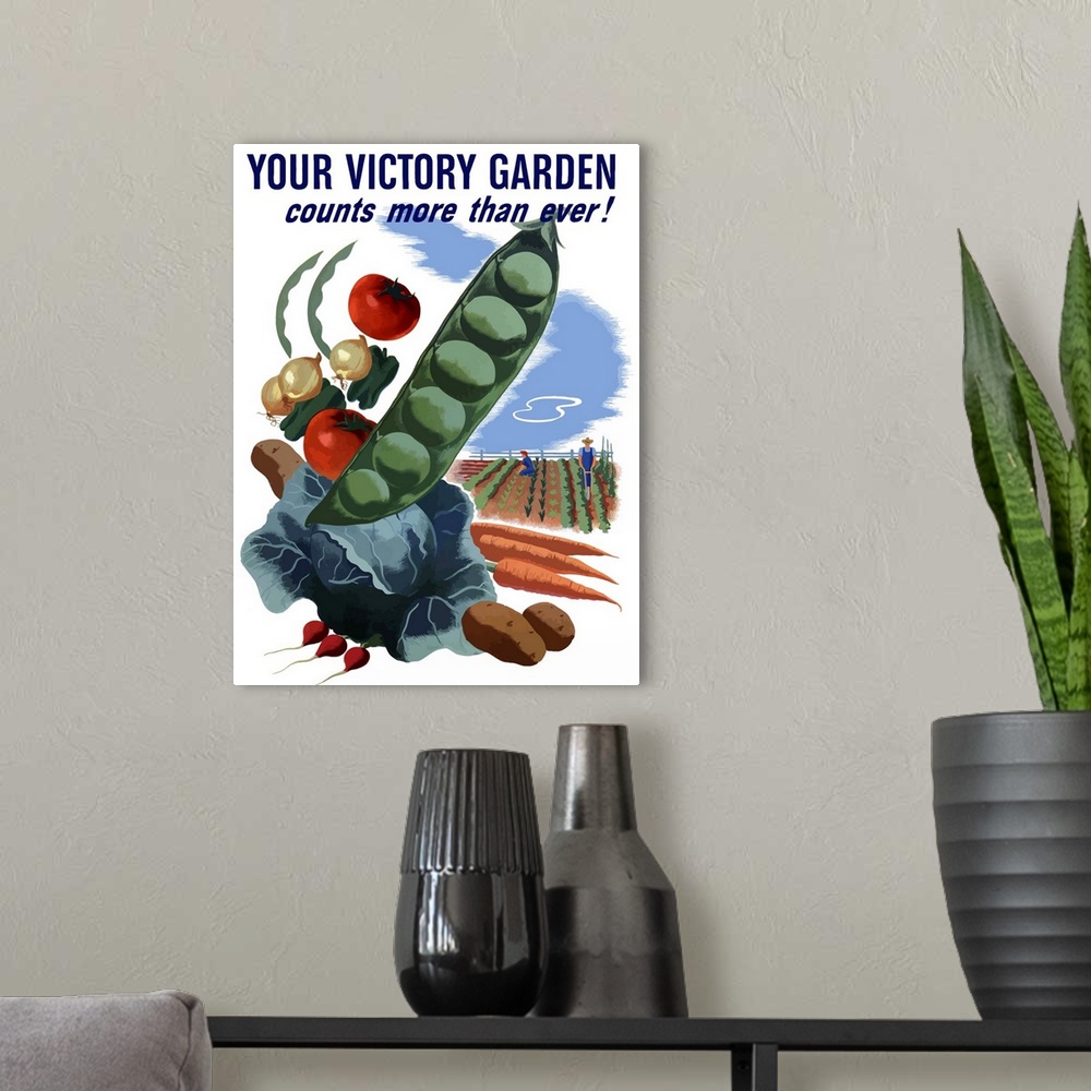 A modern room featuring Vintage World War II poster of giant peas, cabbage, carrots, onions, and other vegetables. It als...