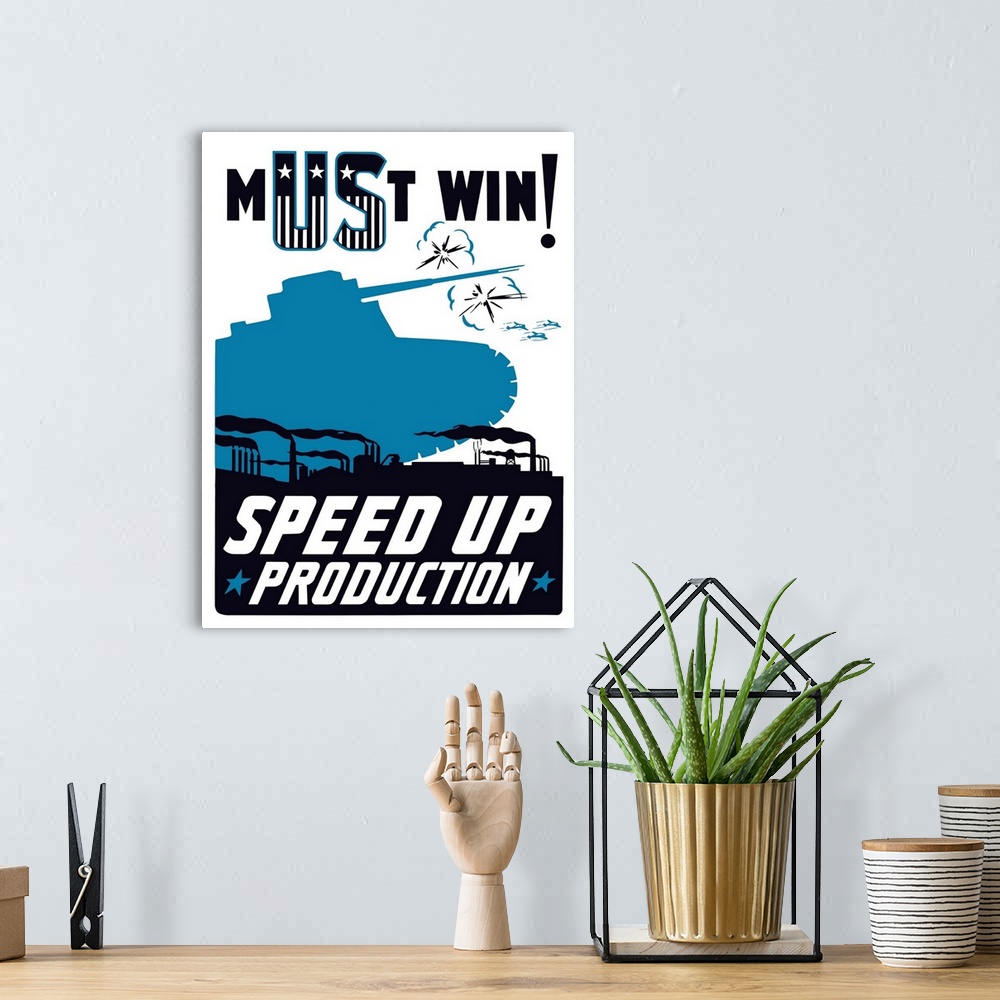 A bohemian room featuring Vintage World War II propaganda poster featuring a factory, a tank, and airplanes flying in the s...