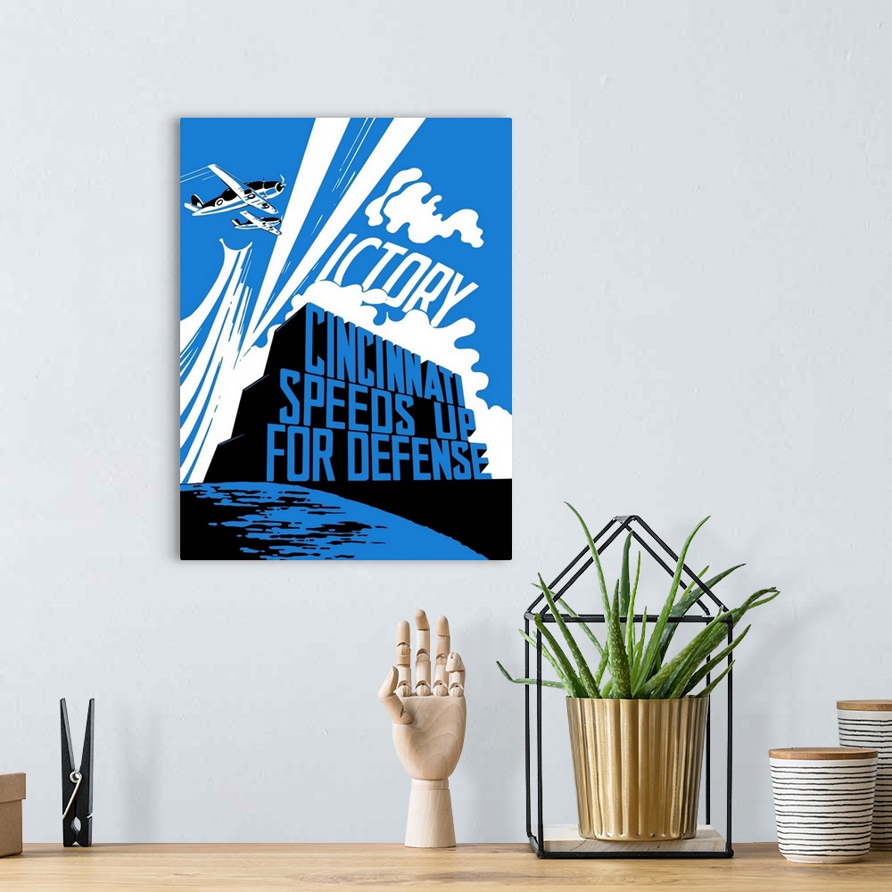 A bohemian room featuring Vintage World War II propaganda poster featuring two fighter planes flying over the ocean as the ...