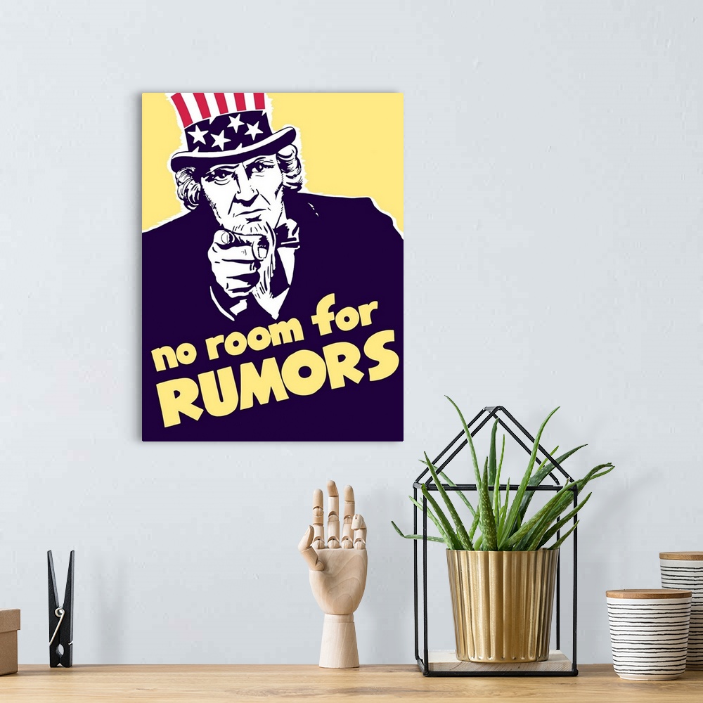 A bohemian room featuring Vintage World War II propaganda poster featuring Uncle Sam pointing forward. It reads, No Room Fo...