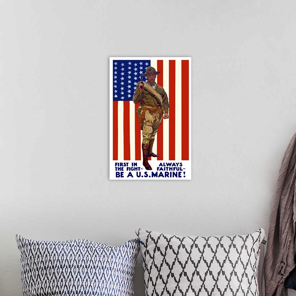 A bohemian room featuring Vintage World War One poster of a US Marine holding his sidearm, the American flag is the backgro...
