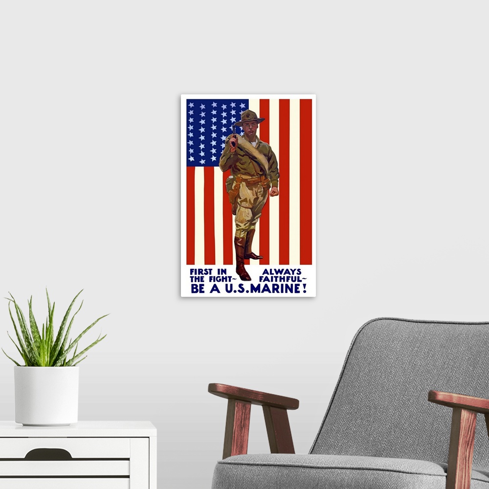 A modern room featuring Vintage World War One poster of a US Marine holding his sidearm, the American flag is the backgro...