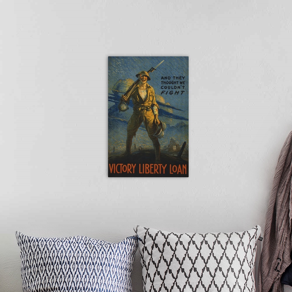 A bohemian room featuring Vintage WWI military propaganda poster of a wounded American soldier on the battlefield, carrying...
