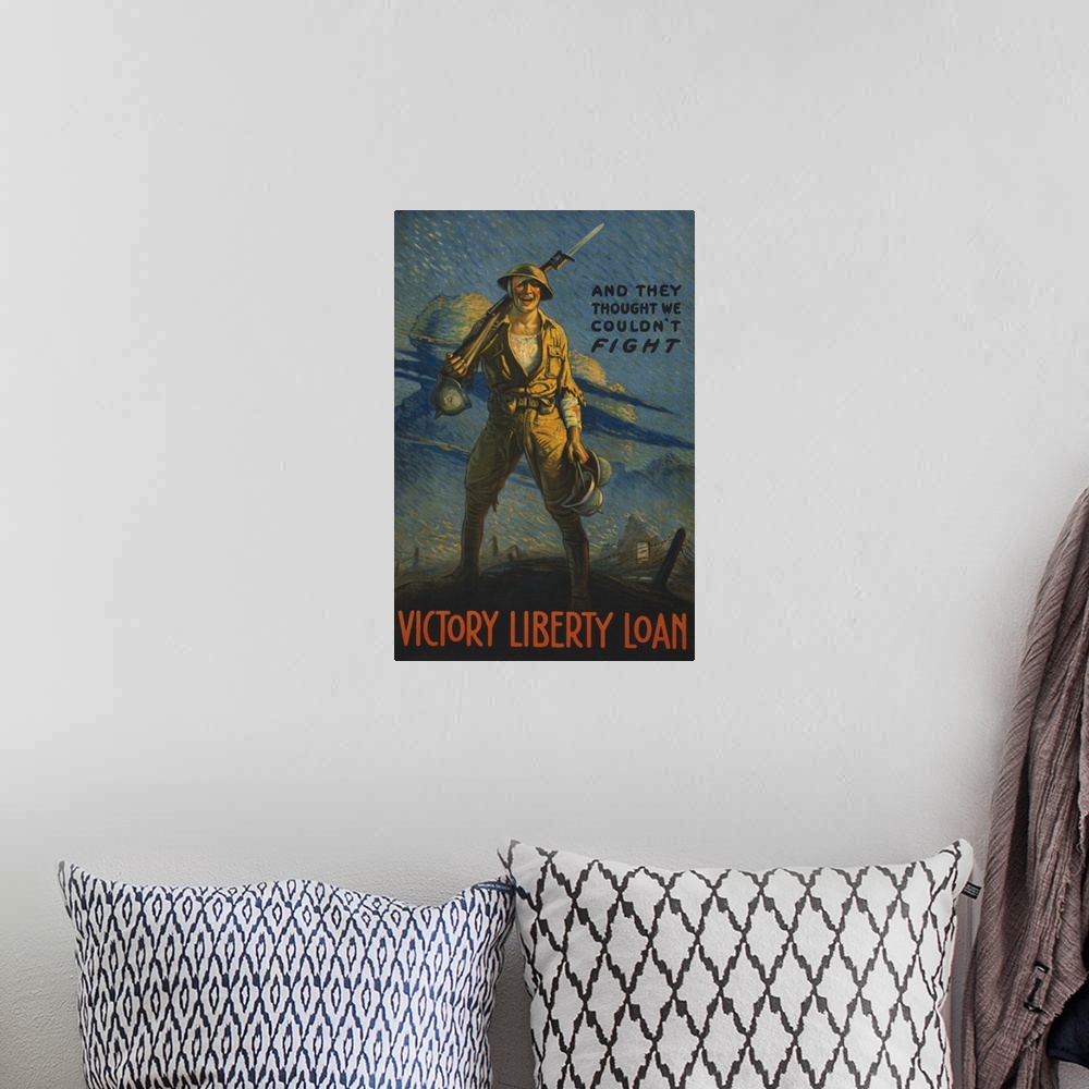 A bohemian room featuring Vintage WWI military propaganda poster of a wounded American soldier on the battlefield, carrying...