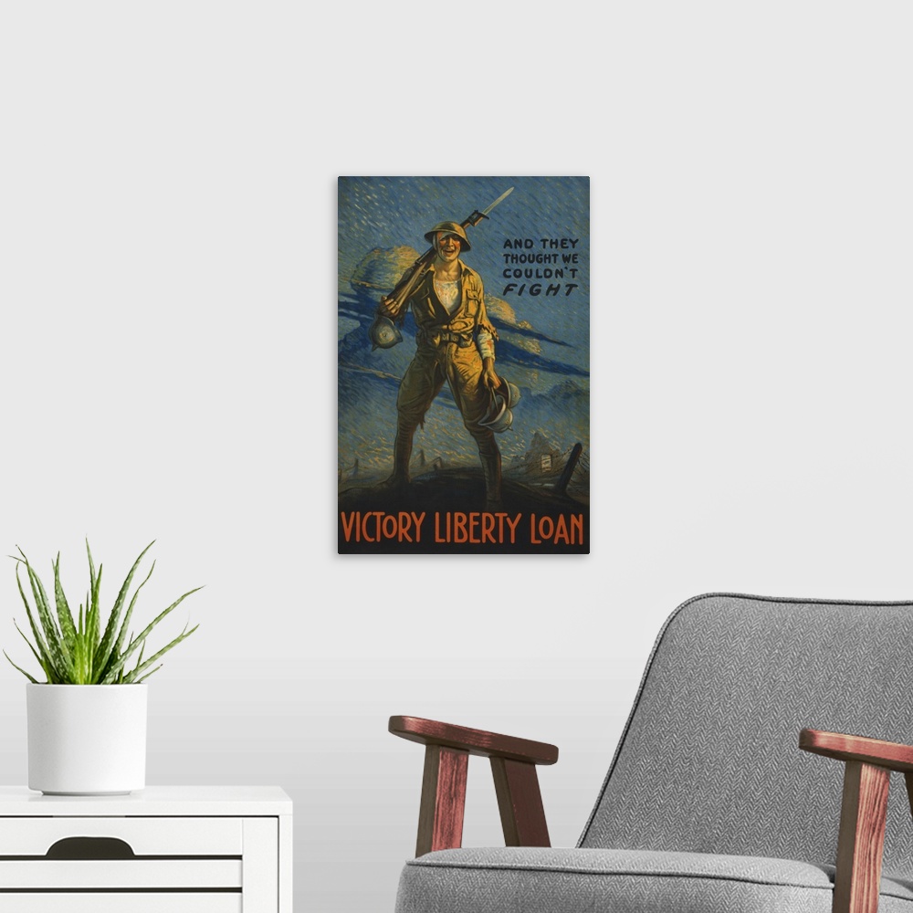 A modern room featuring Vintage WWI military propaganda poster of a wounded American soldier on the battlefield, carrying...