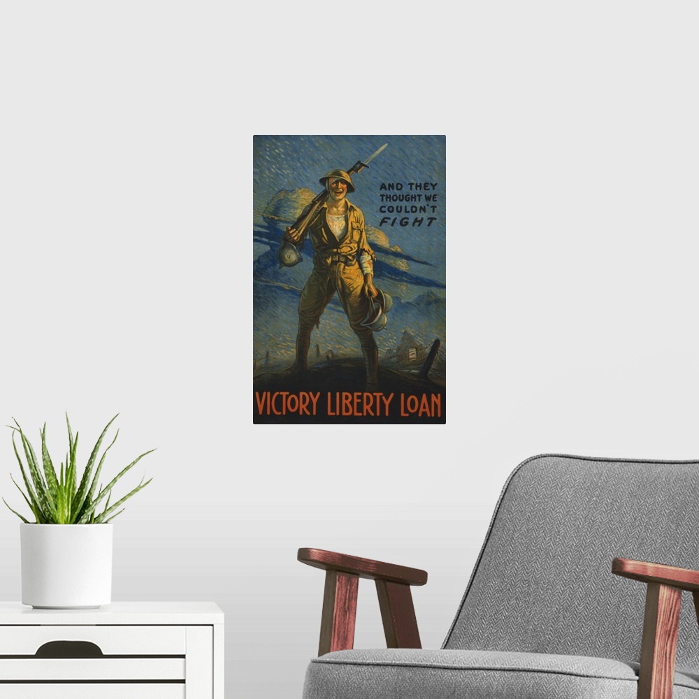 A modern room featuring Vintage WWI military propaganda poster of a wounded American soldier on the battlefield, carrying...