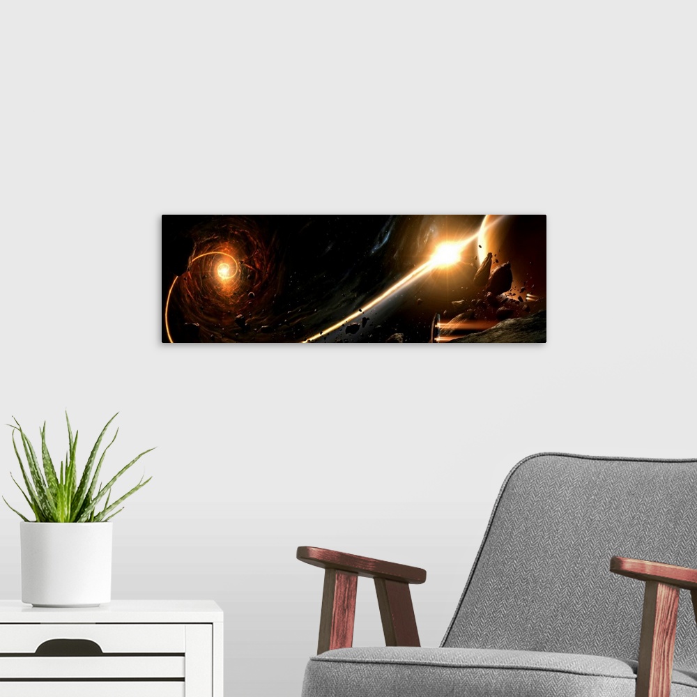 A modern room featuring Panoramic illustration portrays a large void in space as giant rocks and an enormous star begin t...