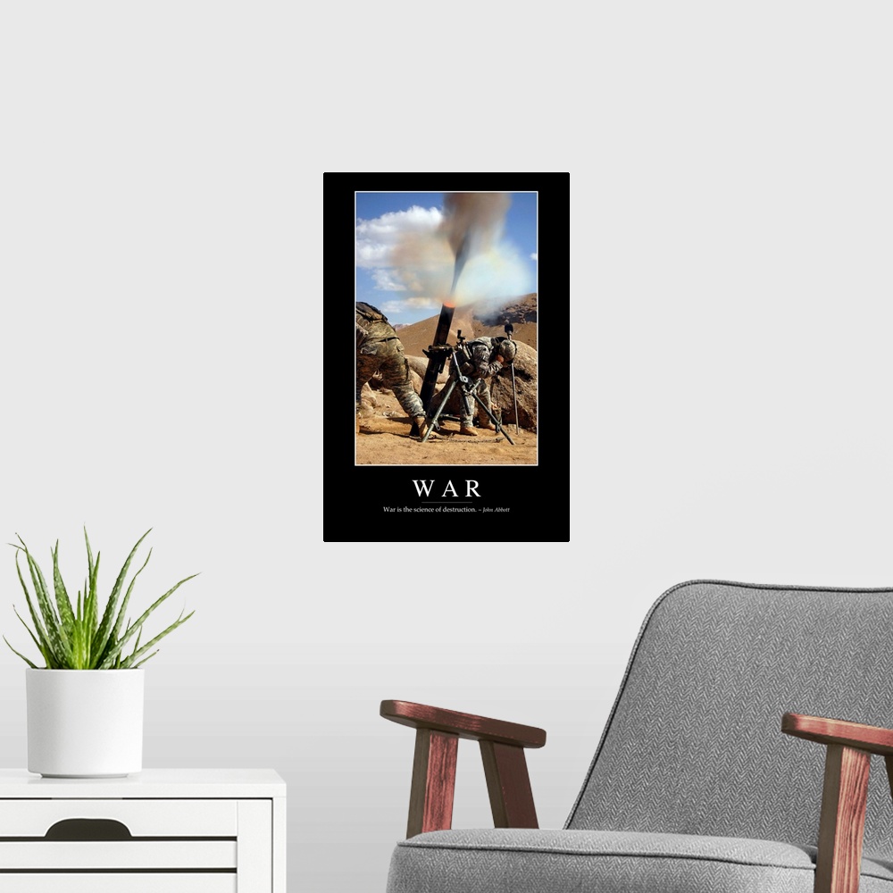 A modern room featuring War: Inspirational Quote and Motivational Poster