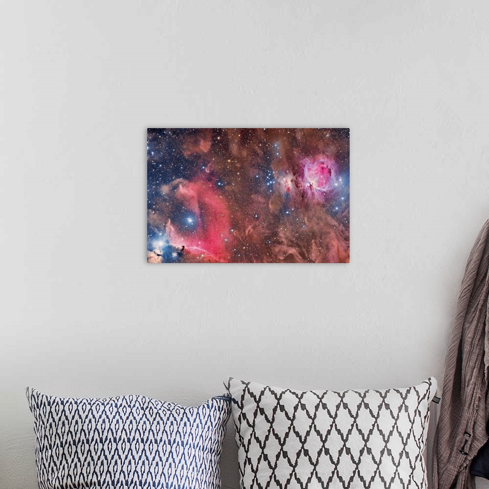 A bohemian room featuring Widefield view of Orion Nebula (Messier 42), and Horsehead Nebula.