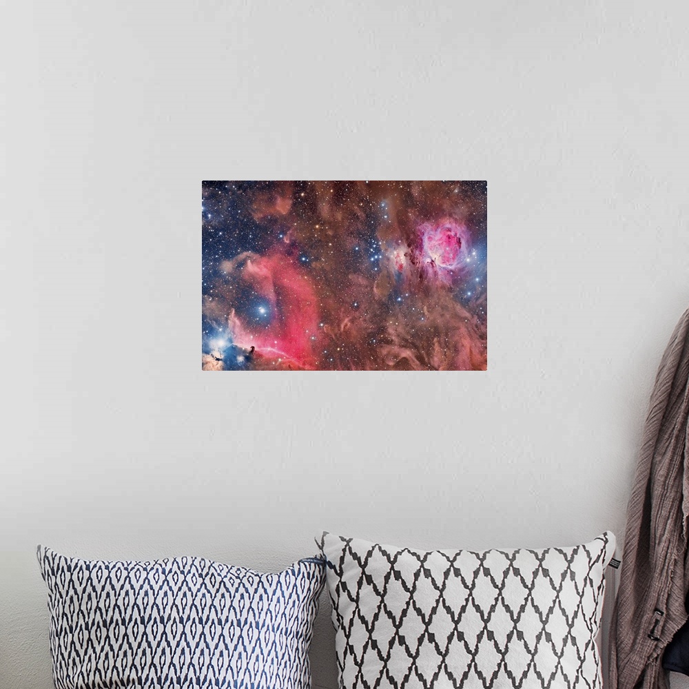A bohemian room featuring Widefield view of Orion Nebula (Messier 42), and Horsehead Nebula.