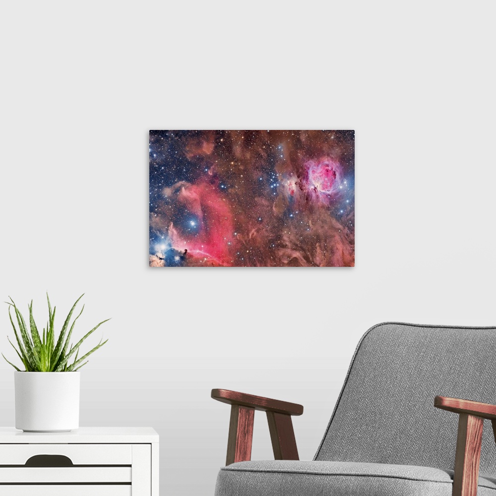 A modern room featuring Widefield view of Orion Nebula (Messier 42), and Horsehead Nebula.