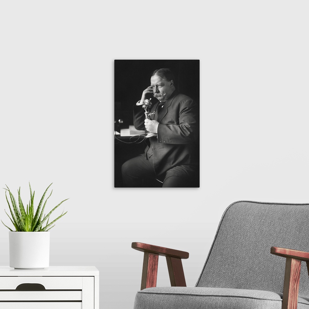 A modern room featuring William Howard Taft on the telephone receiving news of his nomination as the Republican nominee f...