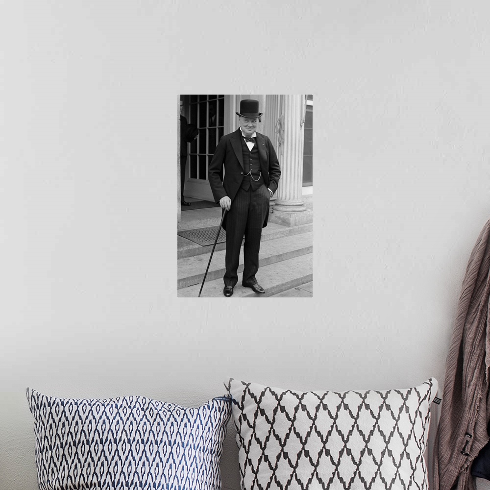 A bohemian room featuring Digitally restored vintage English history photo of Winston Churchill wearing top hat and tails, ...