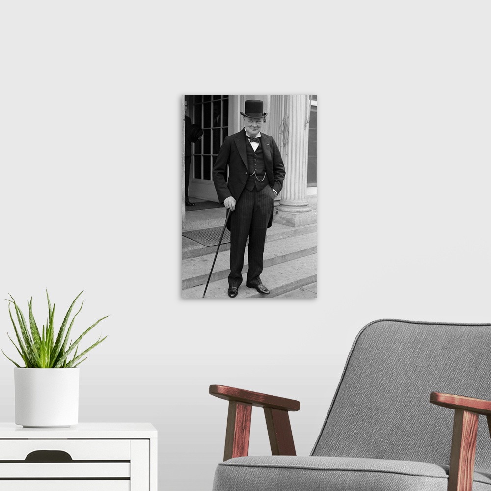 A modern room featuring Digitally restored vintage English history photo of Winston Churchill wearing top hat and tails, ...