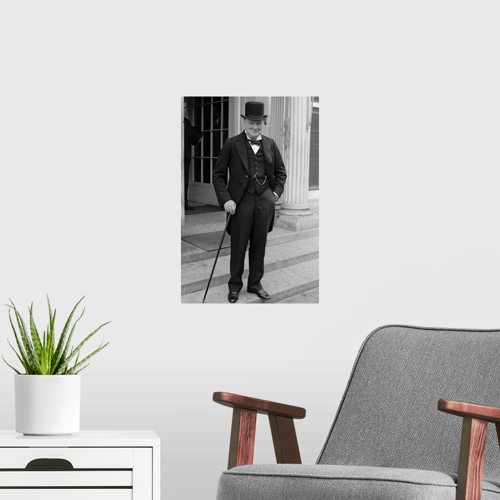 A modern room featuring Digitally restored vintage English history photo of Winston Churchill wearing top hat and tails, ...