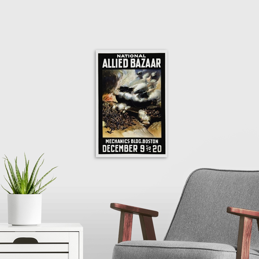 A modern room featuring 20th century artwork with the heading 'National Allied Bazaar', a battle scene featuring tanks, a...