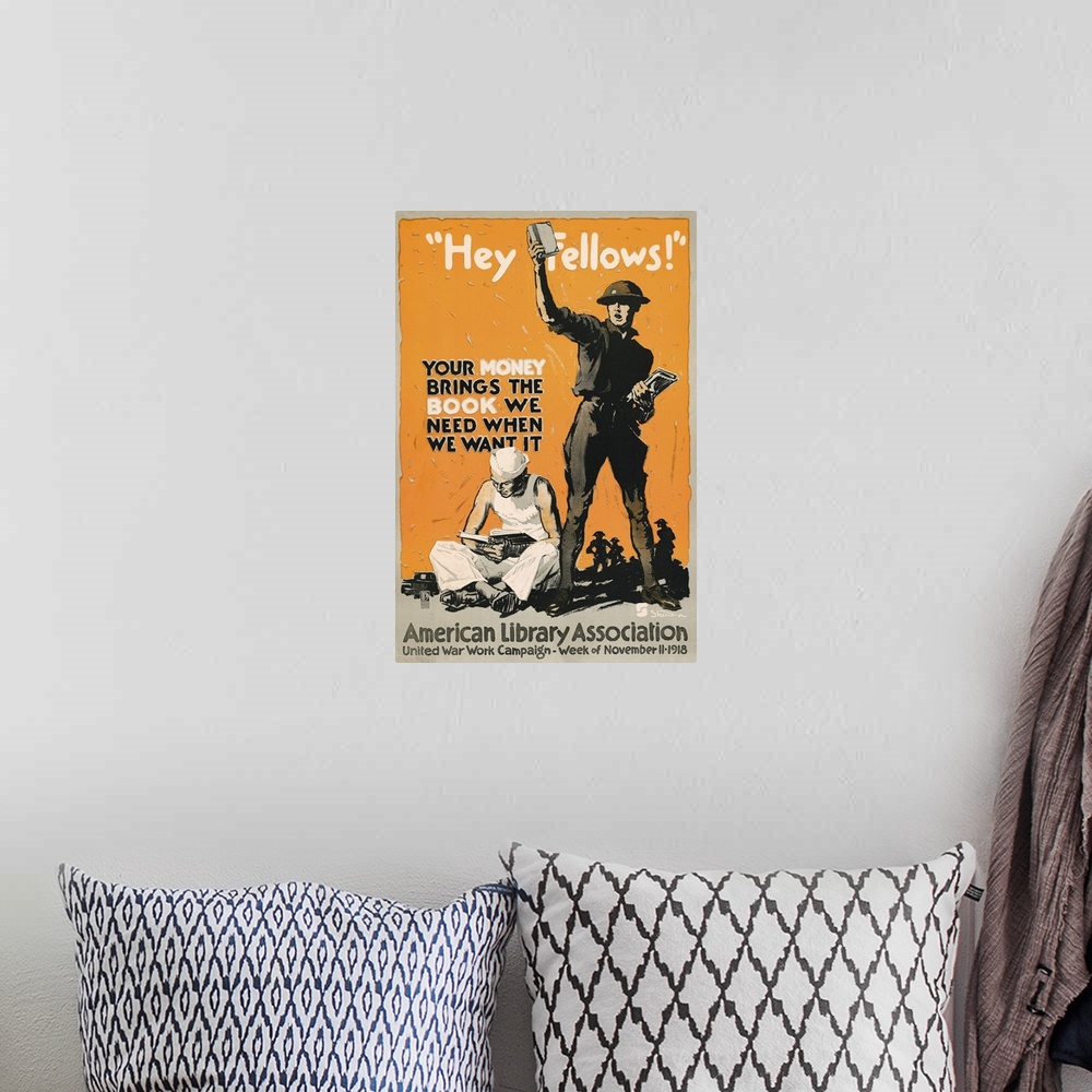 A bohemian room featuring World War I military poster featuring a soldier holding up a book, with a sailor sitting on the g...