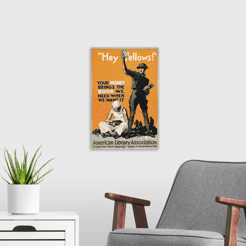 A modern room featuring World War I military poster featuring a soldier holding up a book, with a sailor sitting on the g...