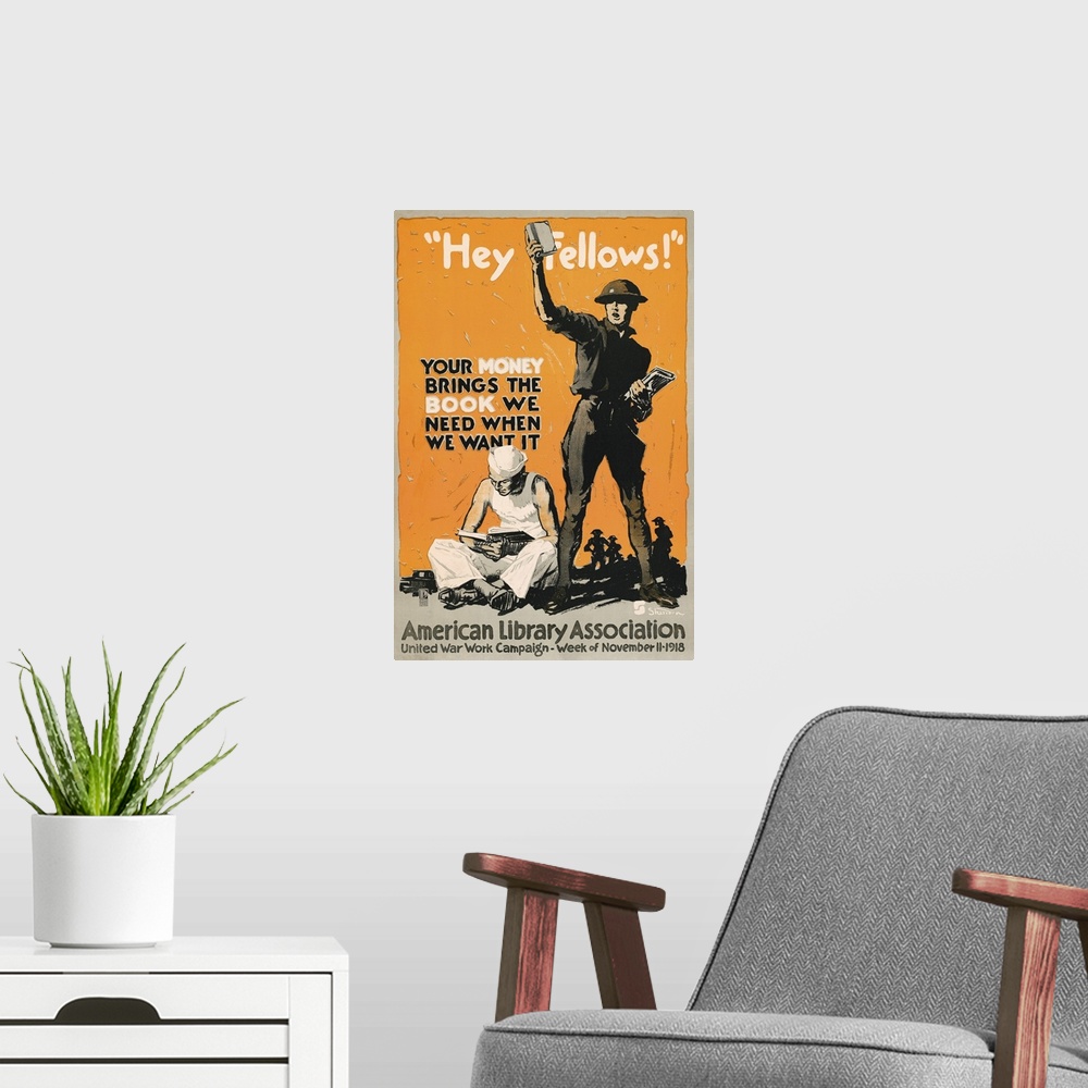 A modern room featuring World War I military poster featuring a soldier holding up a book, with a sailor sitting on the g...