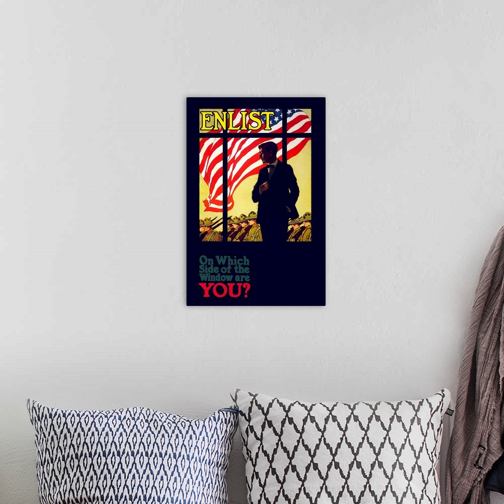 A bohemian room featuring Vintage World War One poster of a man looking through a window as troops march past and an Americ...