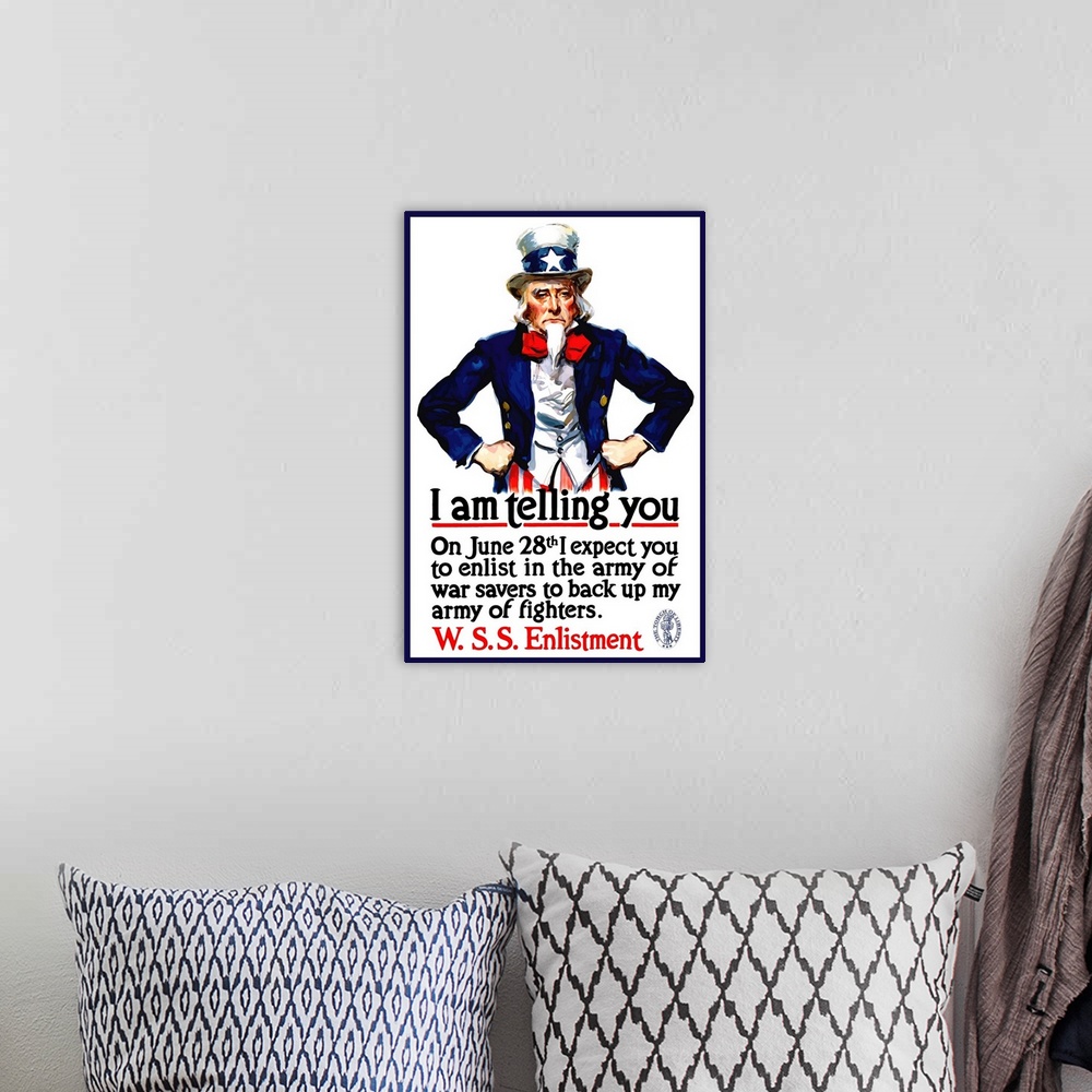 A bohemian room featuring Vintage World War I poster of Uncle Sam standing with his hands on his hips. It reads, I am telli...