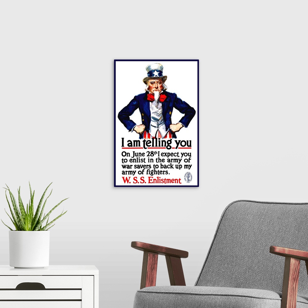 A modern room featuring Vintage World War I poster of Uncle Sam standing with his hands on his hips. It reads, I am telli...