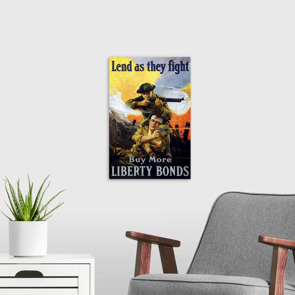 A modern room featuring World War I print of soldiers in action with captions, Lend as they Fight at the top and Buy More...