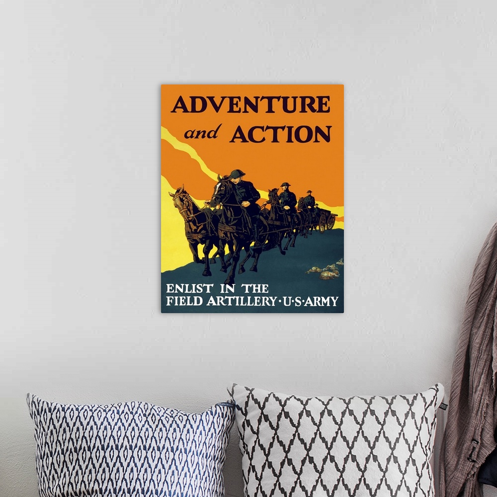 A bohemian room featuring Vintage World War One propaganda poster featuring soldiers pulling artillery guns with a team of ...