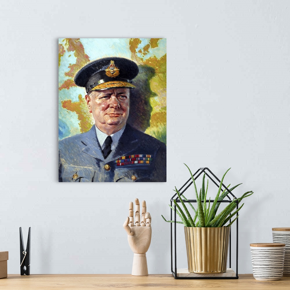 A bohemian room featuring World War II painting of Winston Churchill wearing his RAF uniform.