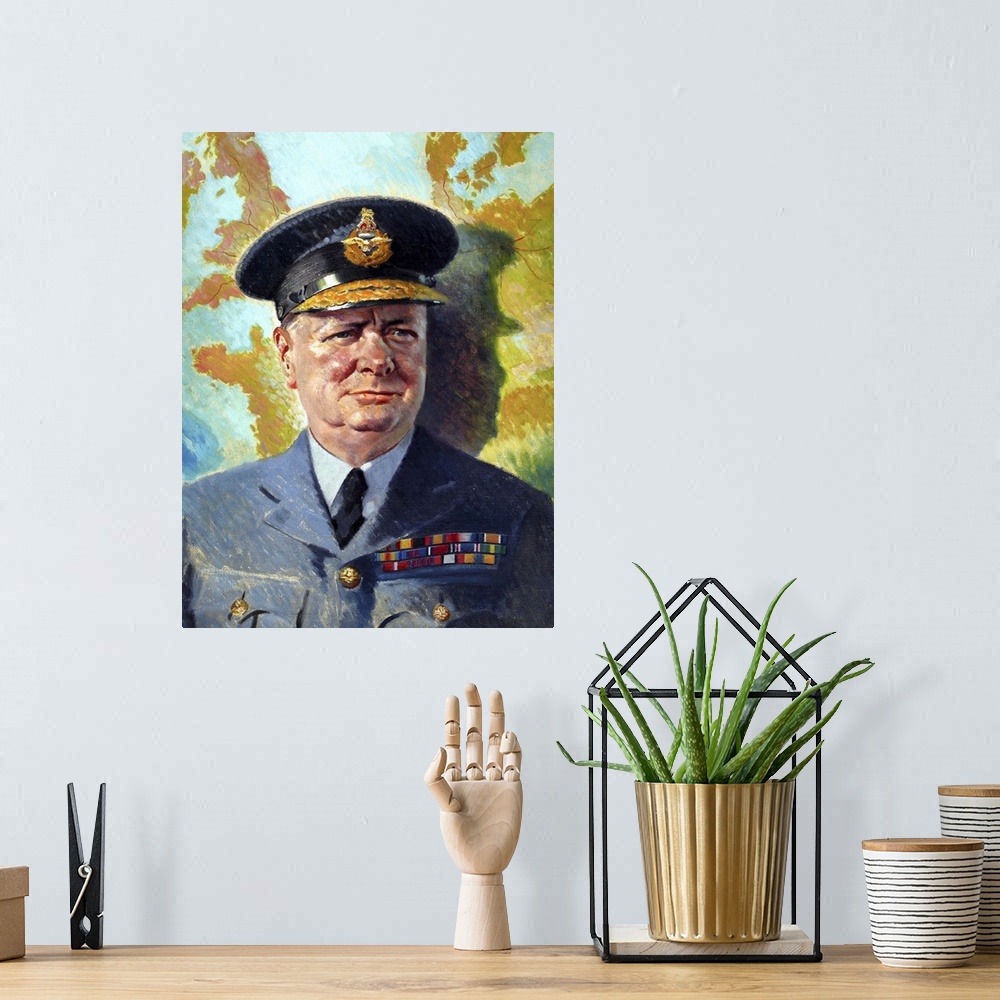 A bohemian room featuring World War II painting of Winston Churchill wearing his RAF uniform.