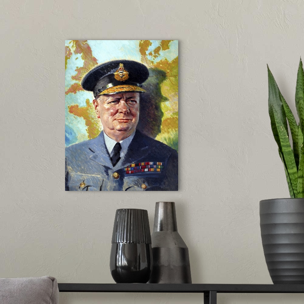 A modern room featuring World War II painting of Winston Churchill wearing his RAF uniform.