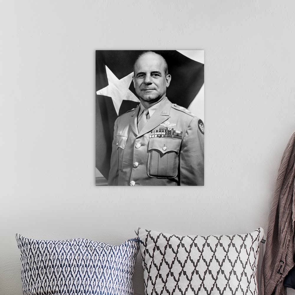 A bohemian room featuring Digitally restored vintage World War II photo of General James Doolittle.