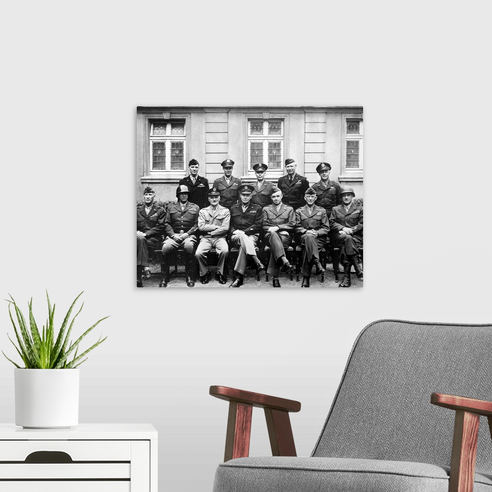 A modern room featuring Digitally restored vintage World War II photo of the senior American military commanders of the E...