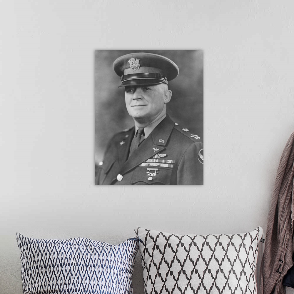 A bohemian room featuring World War II portrait of General Henry H. Arnold.