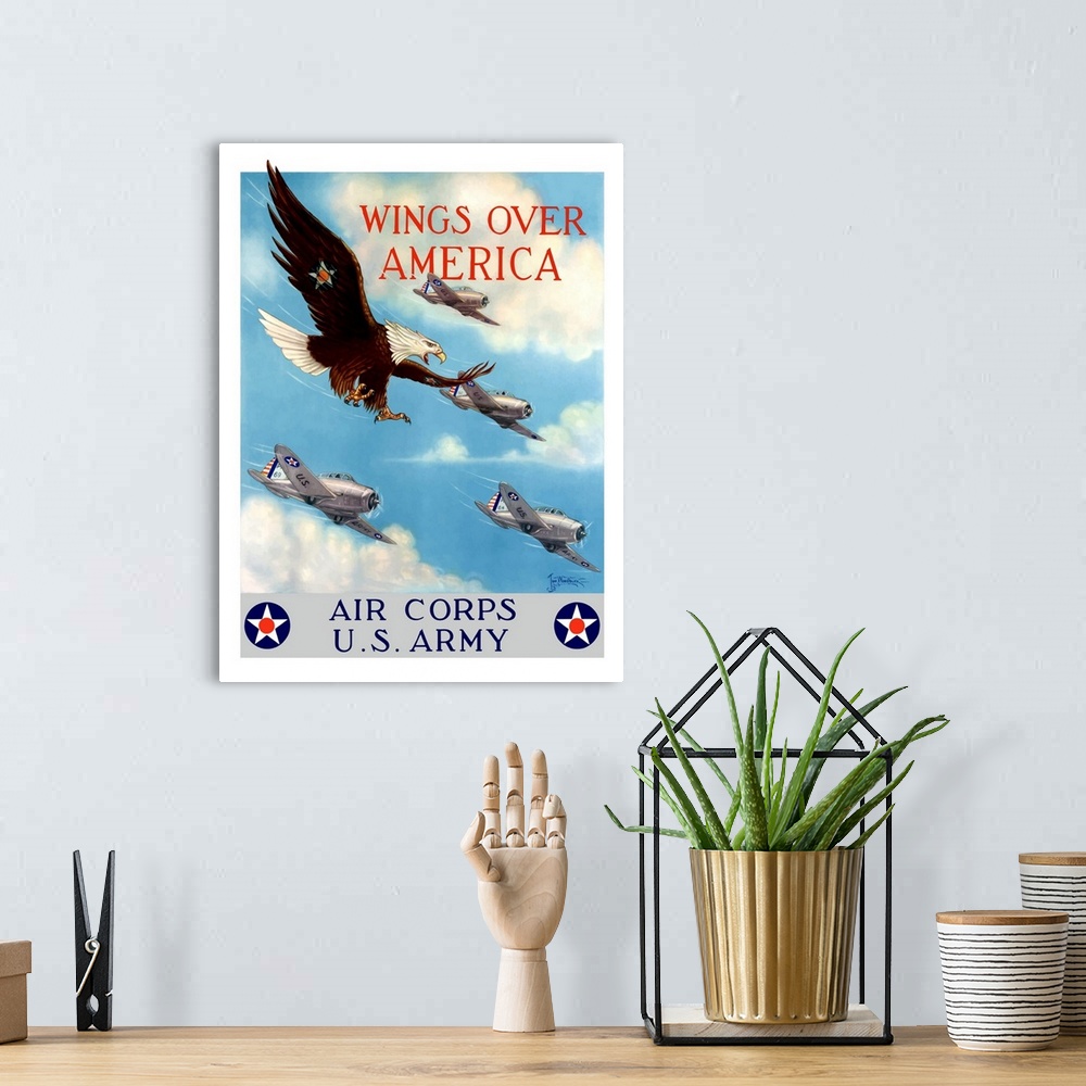 A bohemian room featuring Vintage World War II poster of a bald eagle flying in the sky with fighter planes. It declares - ...