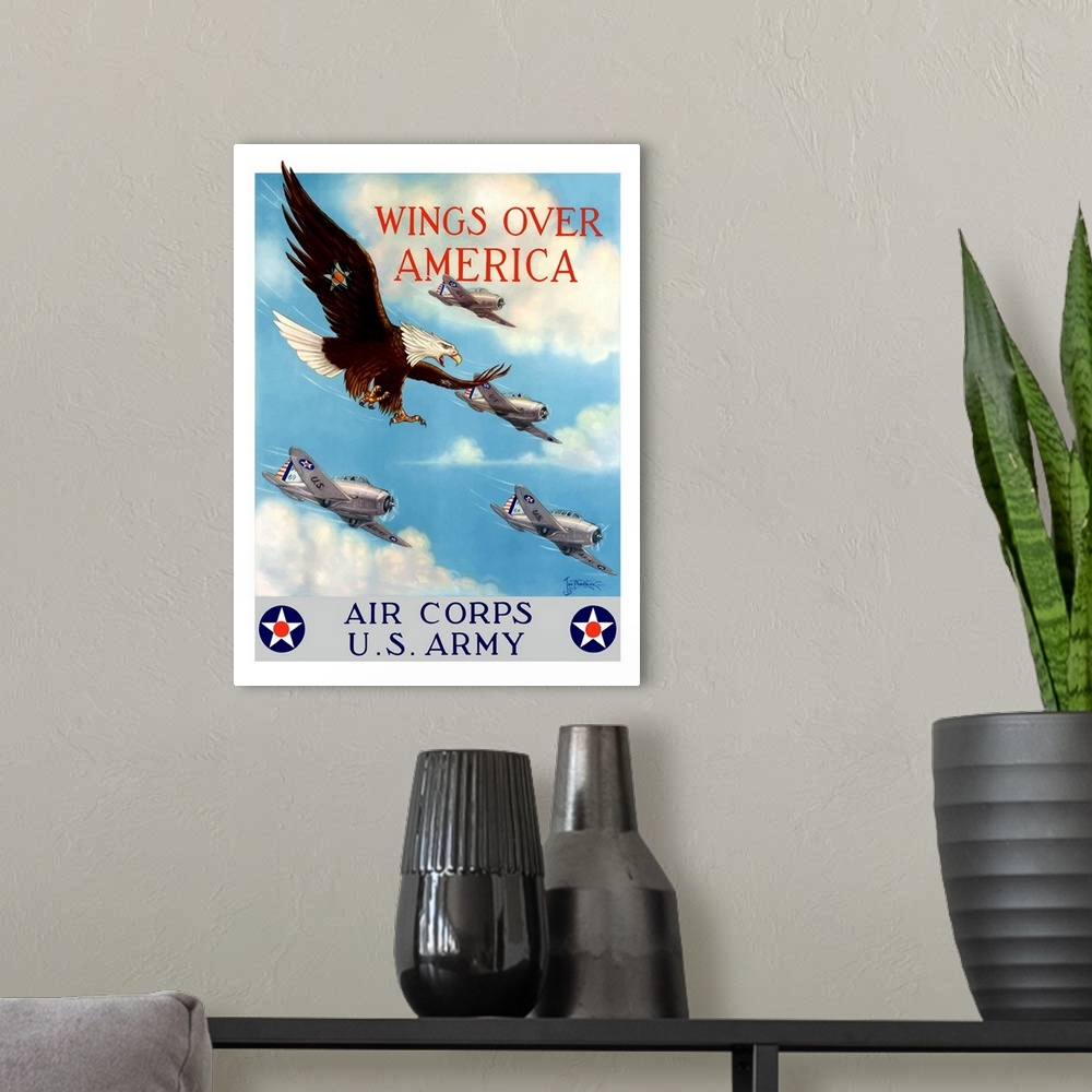 A modern room featuring Vintage World War II poster of a bald eagle flying in the sky with fighter planes. It declares - ...