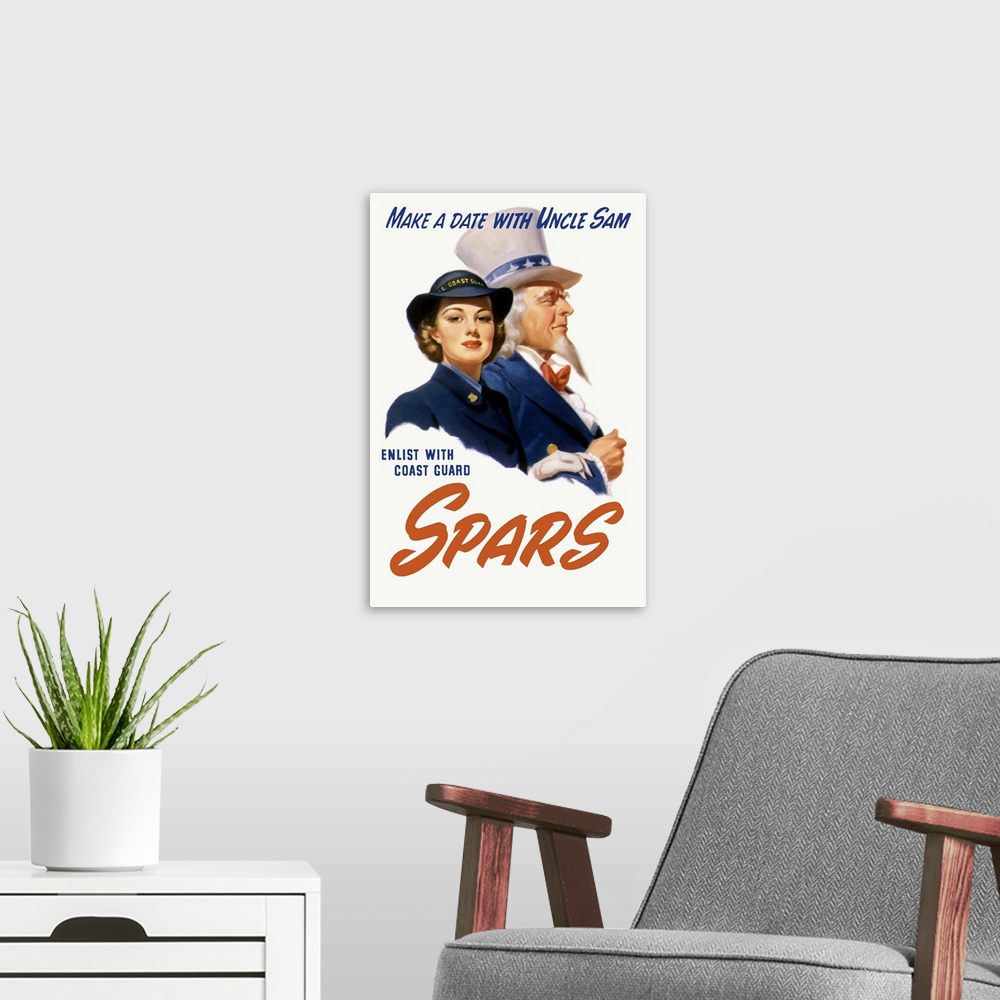 A modern room featuring Vintage World War II poster featuring a female Coast Guard Cadet and Uncle Sam. It reads, Make a ...