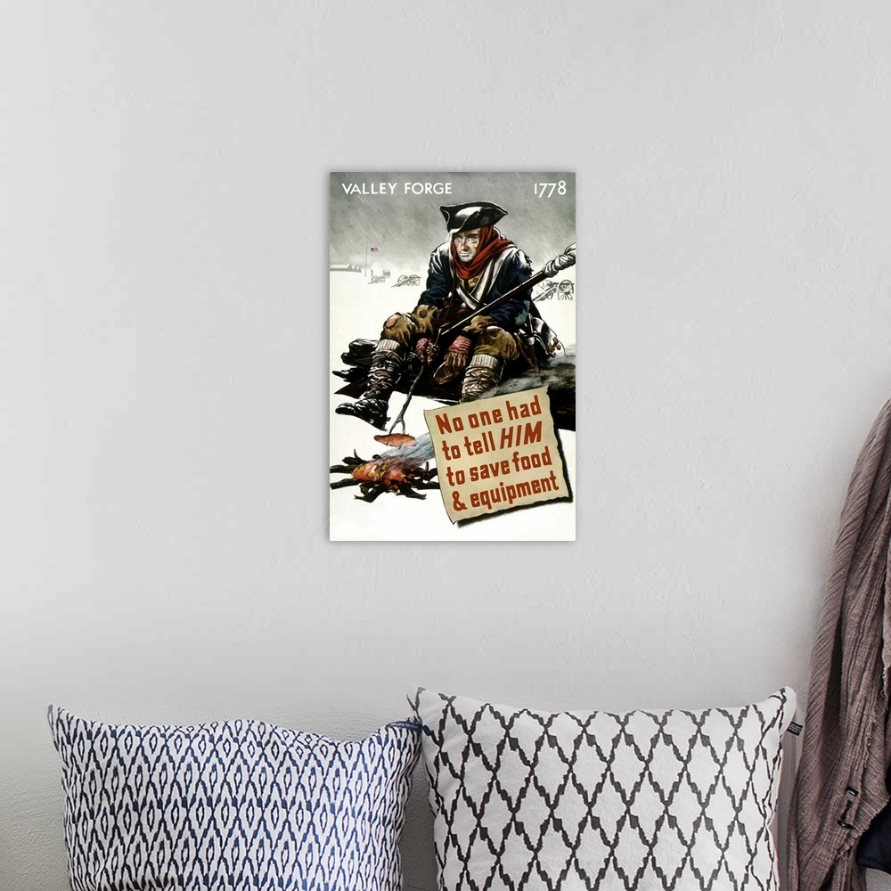 A bohemian room featuring Vintage World War II poster featuring a Revolutionary War soldier cooking over a fire at Valley F...