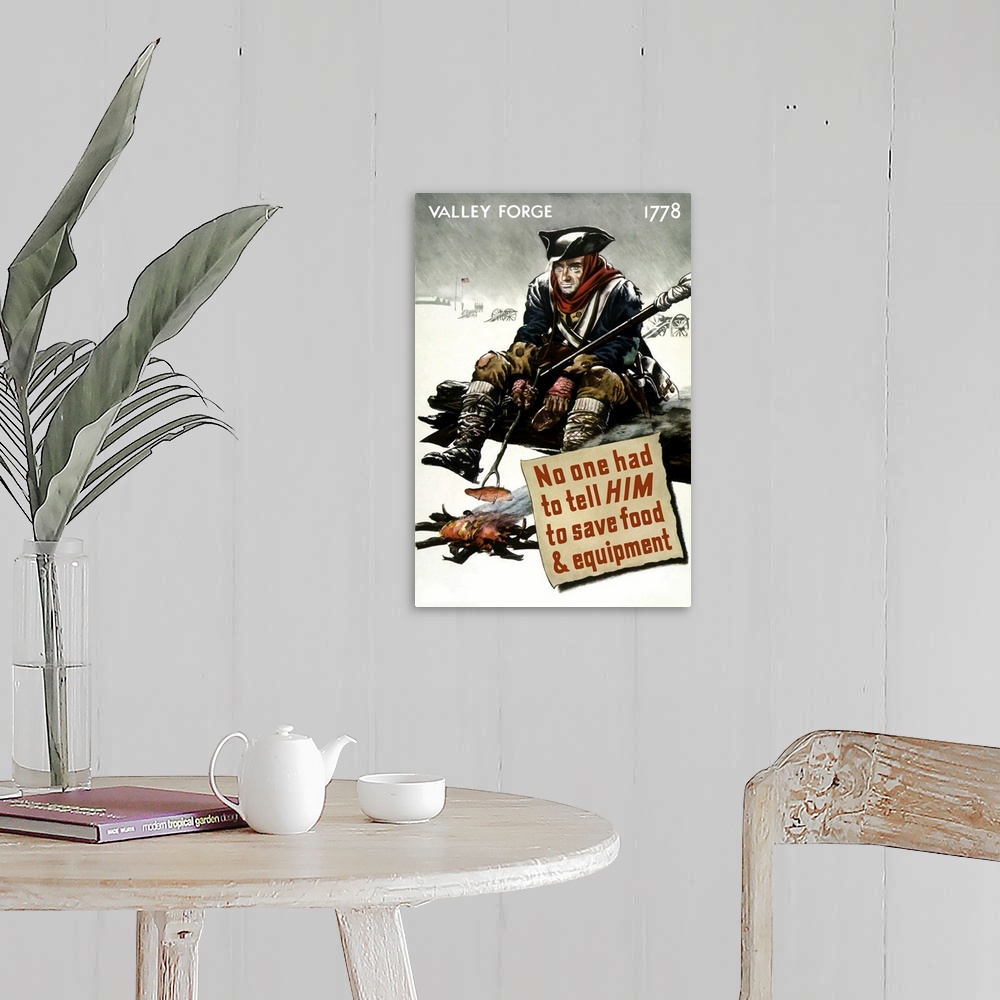 A farmhouse room featuring Vintage World War II poster featuring a Revolutionary War soldier cooking over a fire at Valley F...