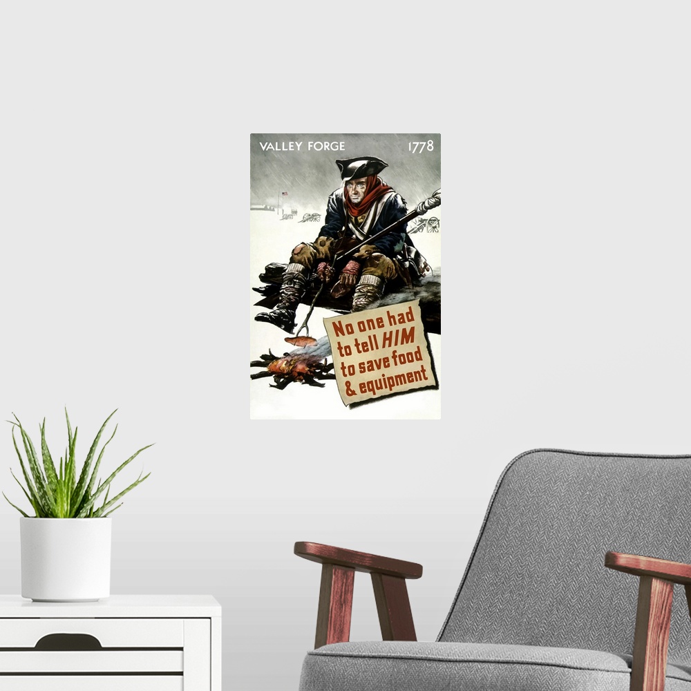 A modern room featuring Vintage World War II poster featuring a Revolutionary War soldier cooking over a fire at Valley F...