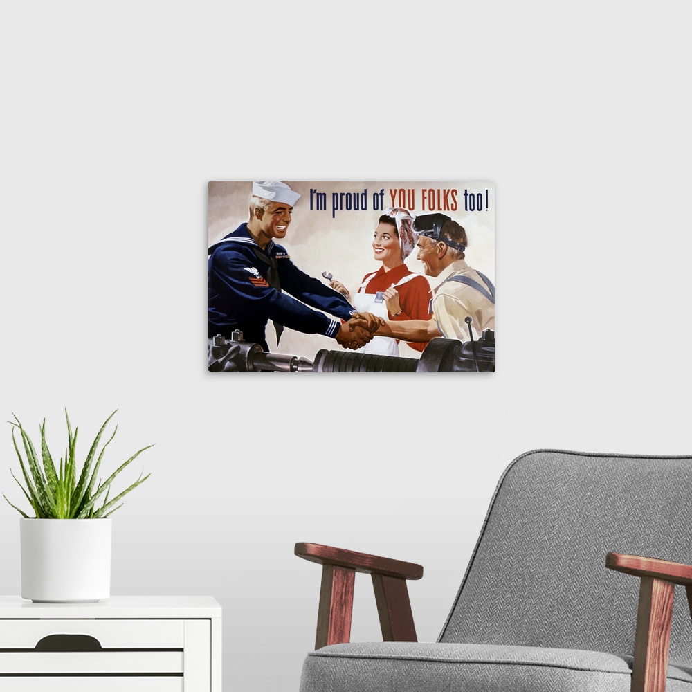 A modern room featuring Vintage World War II propaganda poster featuring a sailor shaking hands with two factory workers....