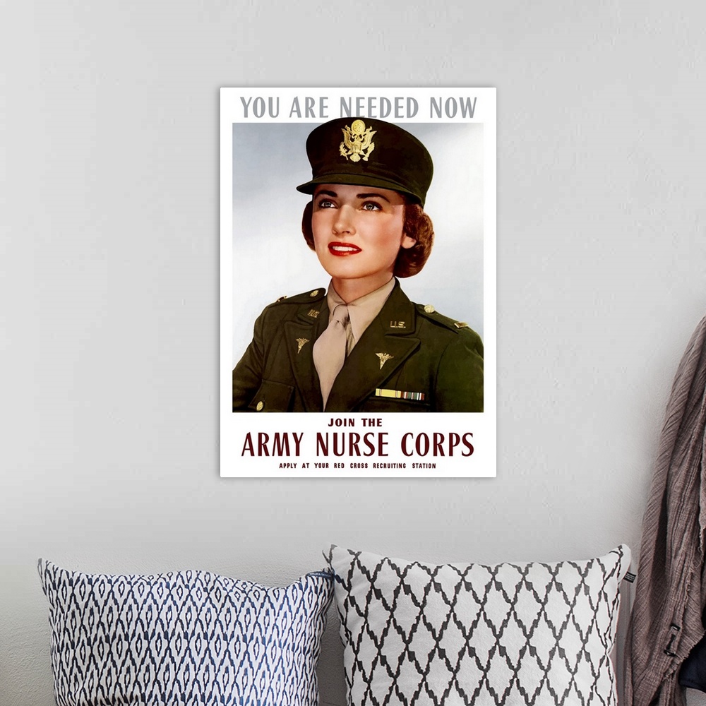 A bohemian room featuring Vintage World War II poster of a smiling female officer of the U.S. Army Medical Corps. It reads,...